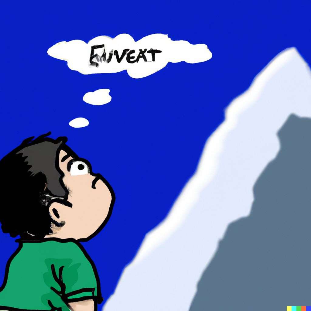someone gazing at Mount Everest, cartoon, chibi